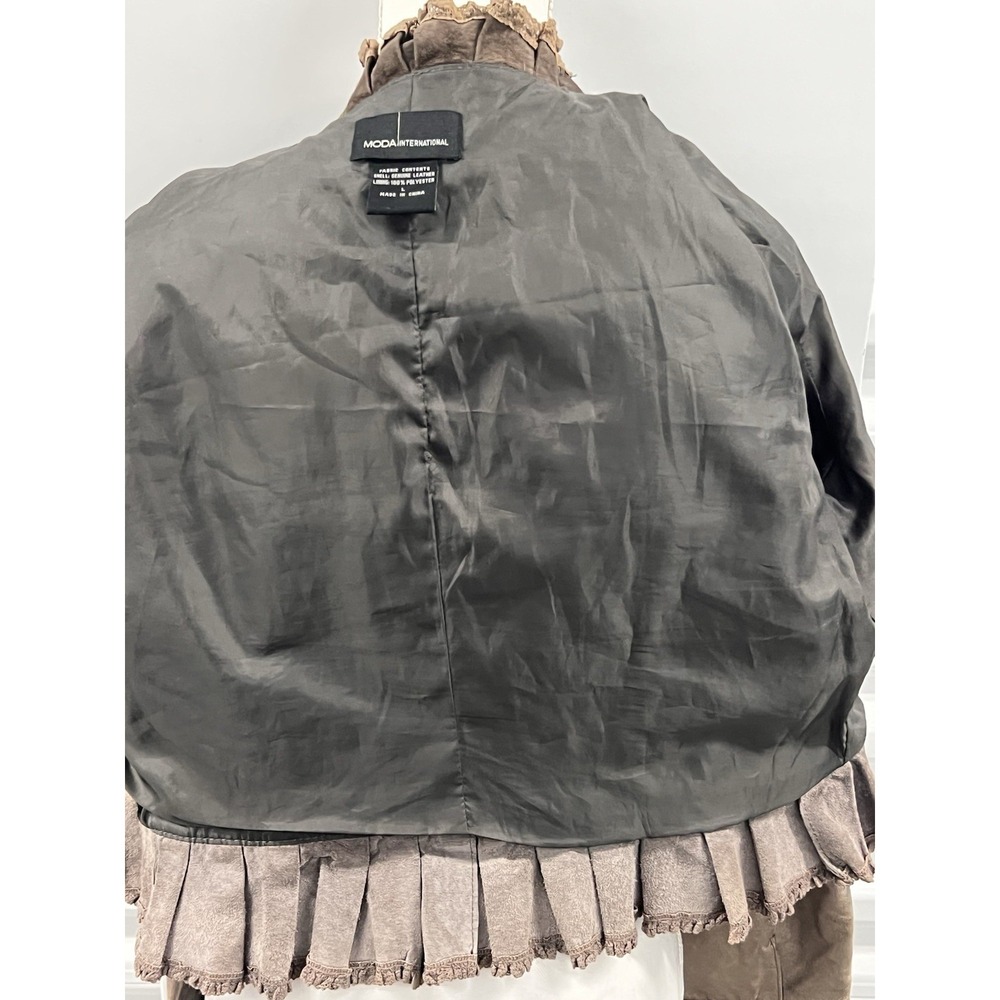 Vintage Y2K Moda International Grey Brown Genuine Leather Ruffle Jacket - Picture 8 of 16